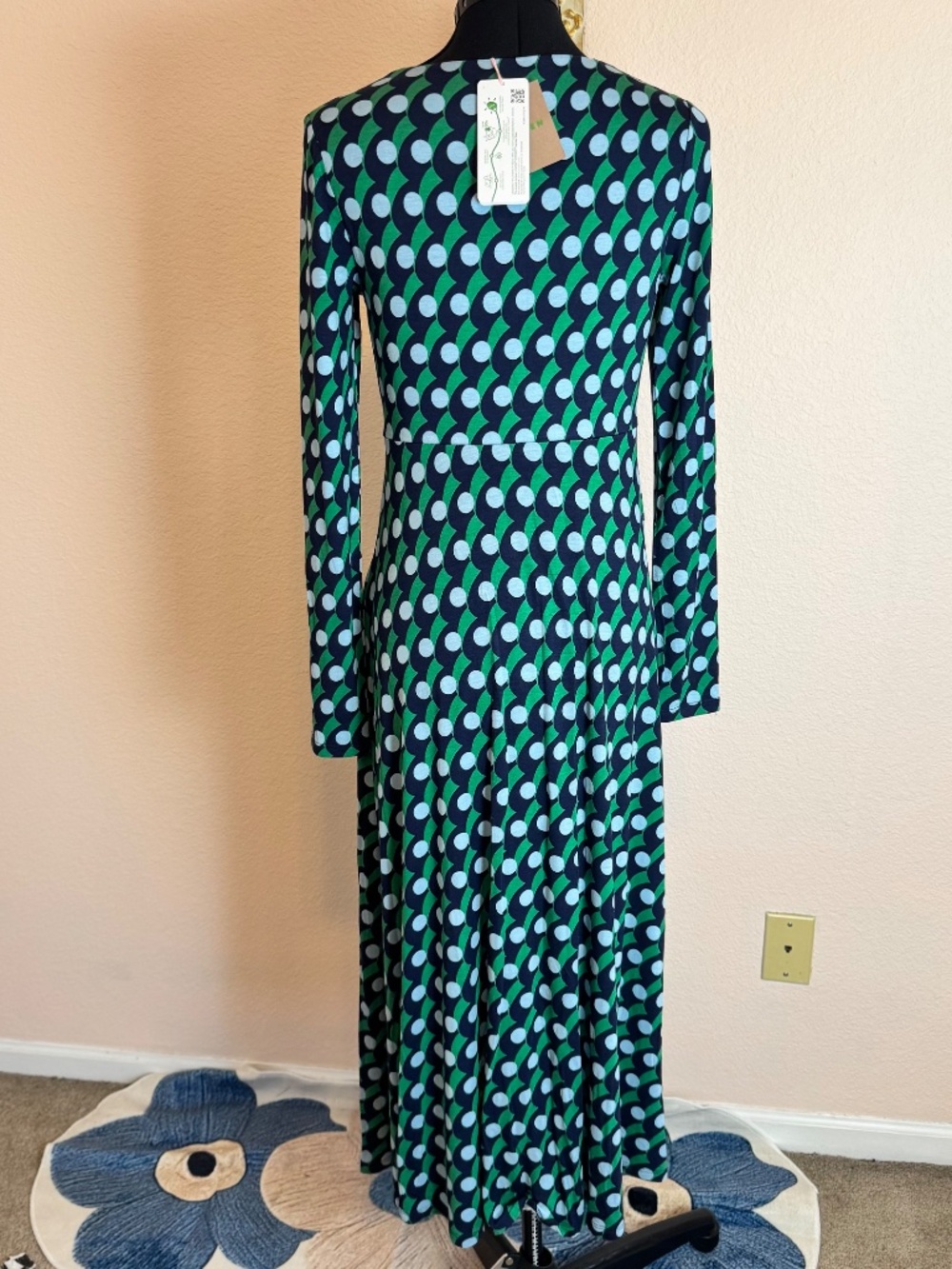 Retro mod Twisted Waist Jersey Teal Green Geometric Print Boden Midi Dress Sz 4 - Picture 5 of 9